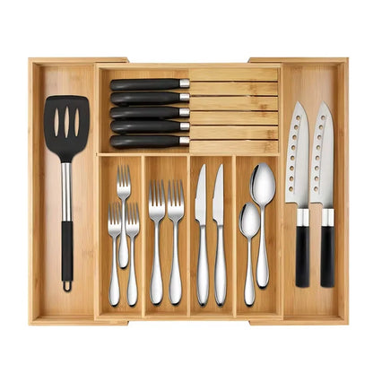 Bamboo Drawer Organizers Expandable Set, Kitchen Drawer Organizer for Utensils, Desk Drawer Organizer for Office