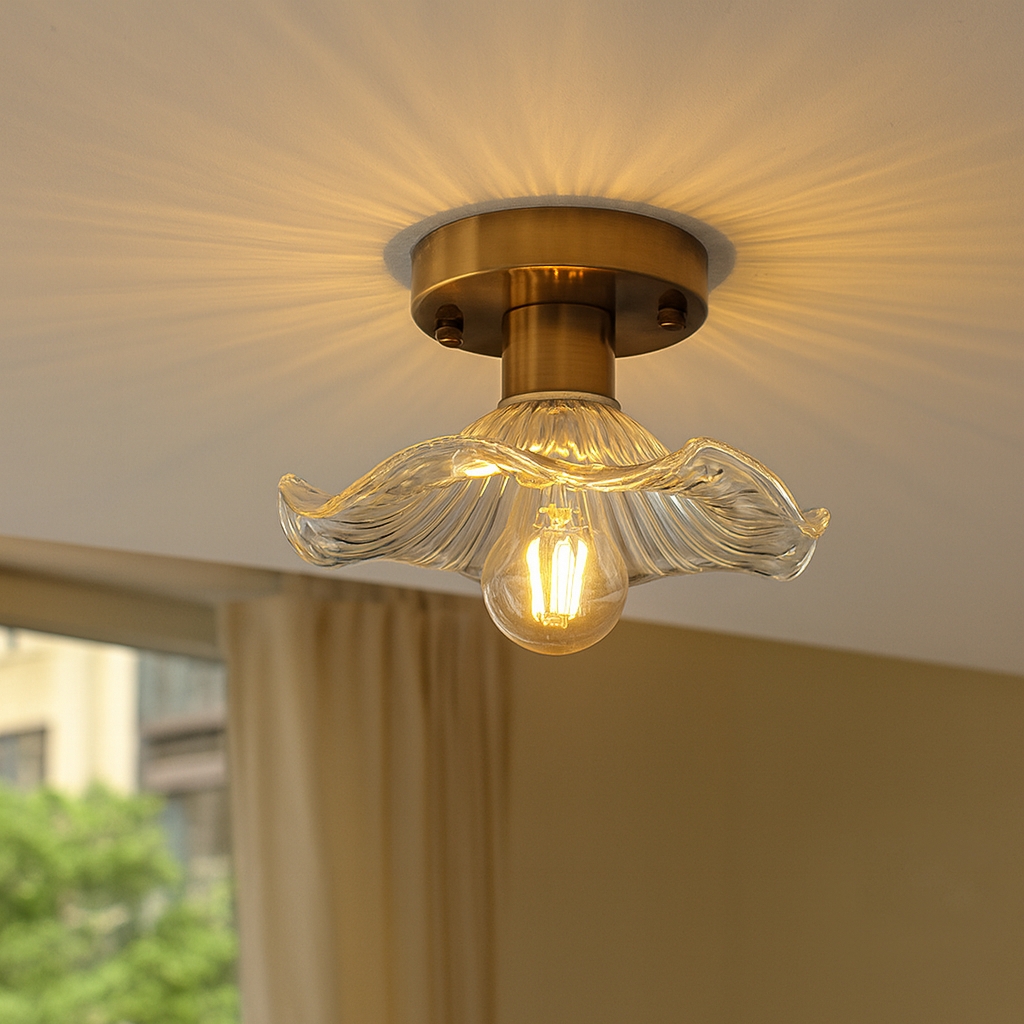 23-Inch Flush Mount LED Light Fixture Green Floral Glass Shade for Bedroom Hallway Low Ceiling Rooms Ambient Overhead Lighting