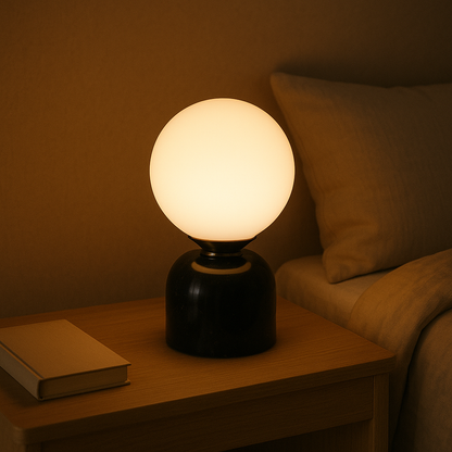 Minimalist Globe Accent Lamp with Natural Stone Base – Frosted Sphere Design for Nightstands, Side Tables & Console Styling – Soft Glow Illu