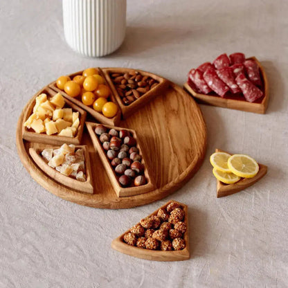 Divided Wooden Serving Tray 10-Inch Round 8-Section Appetizer Platter for Cheese Charcuterie Snacks Party Food Display Tapas Board with Remo