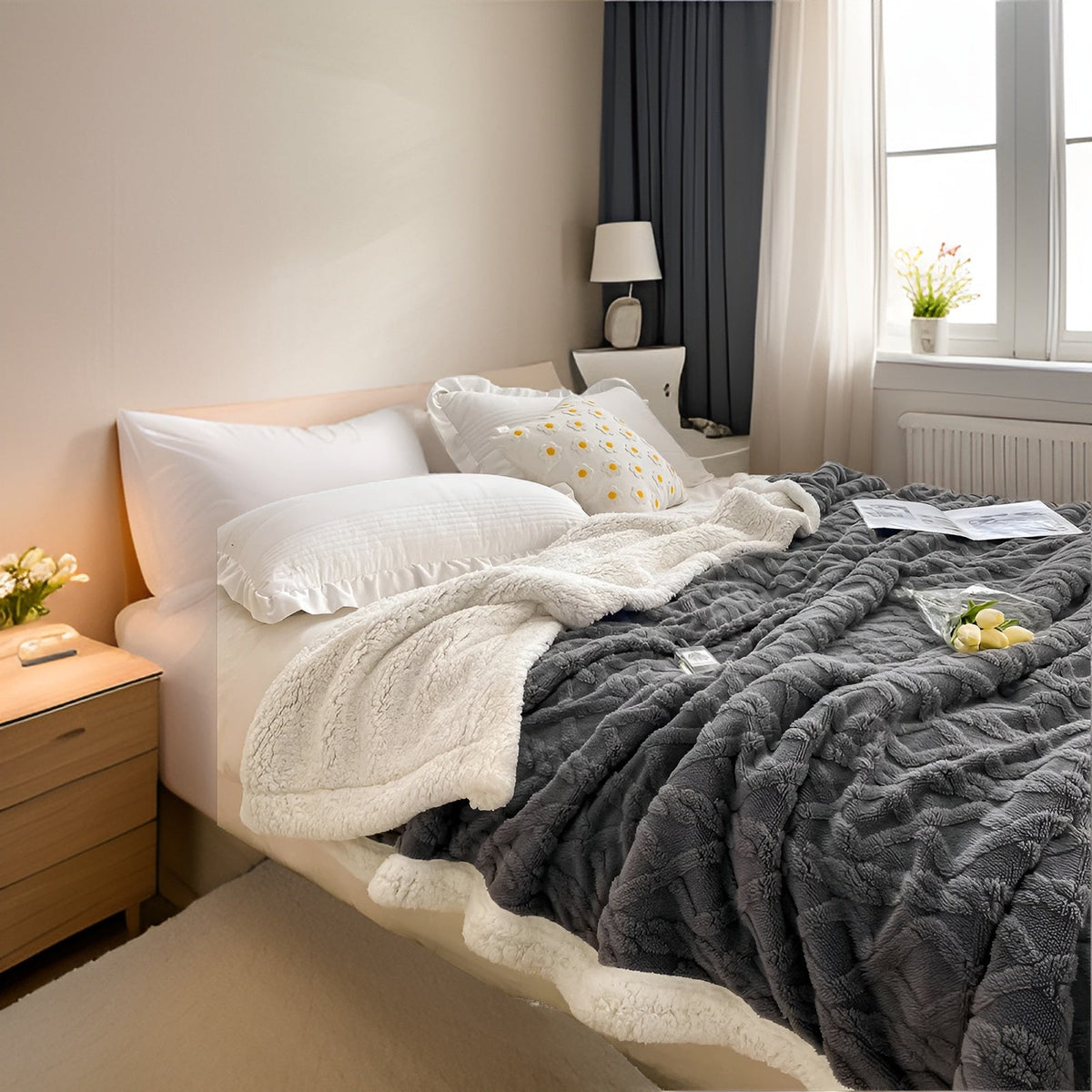 Reversible Sherpa Throw Blanket 59×79 Inches Soft Polyester for Couch Bed Chair Gray White Lightweight Winter Warmth Layer Bedroom Living Ro
