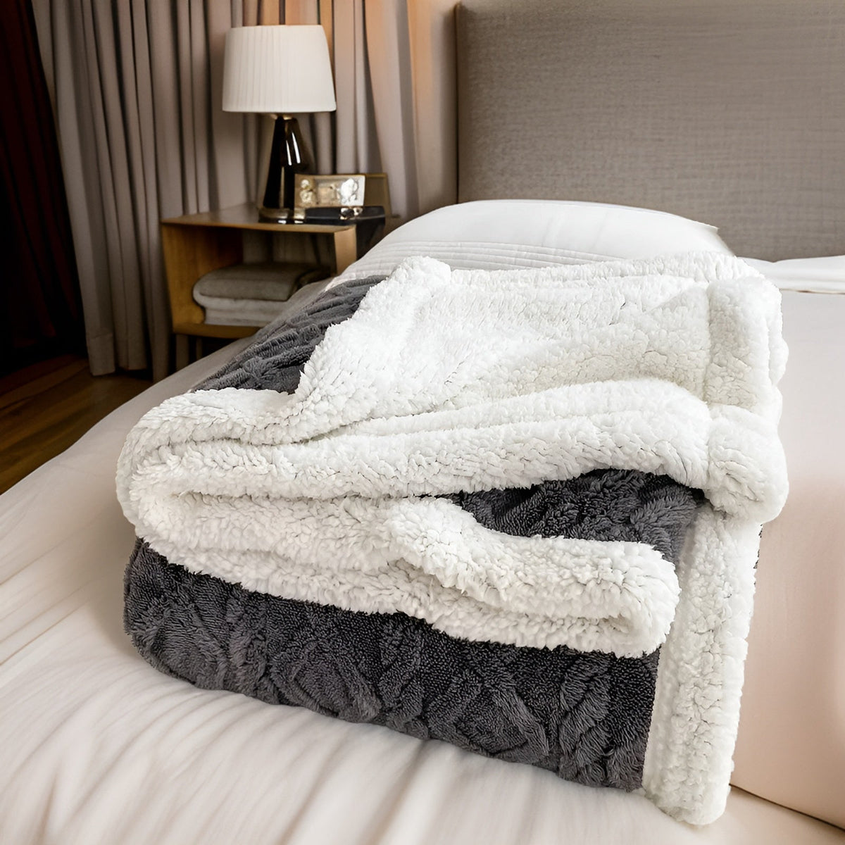 Reversible Sherpa Throw Blanket 59×79 Inches Soft Polyester for Couch Bed Chair Gray White Lightweight Winter Warmth Layer Bedroom Living Ro