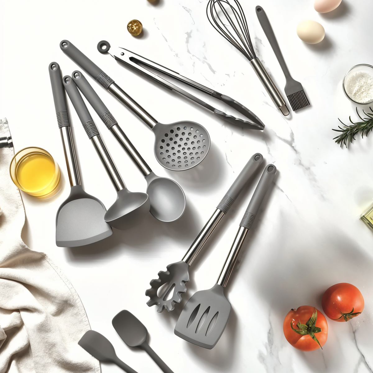 Cooking Utensil Set 12-Piece Silicone Steel Handles Heat Resistant Non-Stick Safe Tools with Holder Spatula Whisk Tongs Ladle for Home Kitch