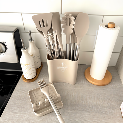 Cooking Utensil Set 12-Piece Silicone Steel Handles Heat Resistant Non-Stick Safe Tools with Holder Spatula Whisk Tongs Ladle for Home Kitch