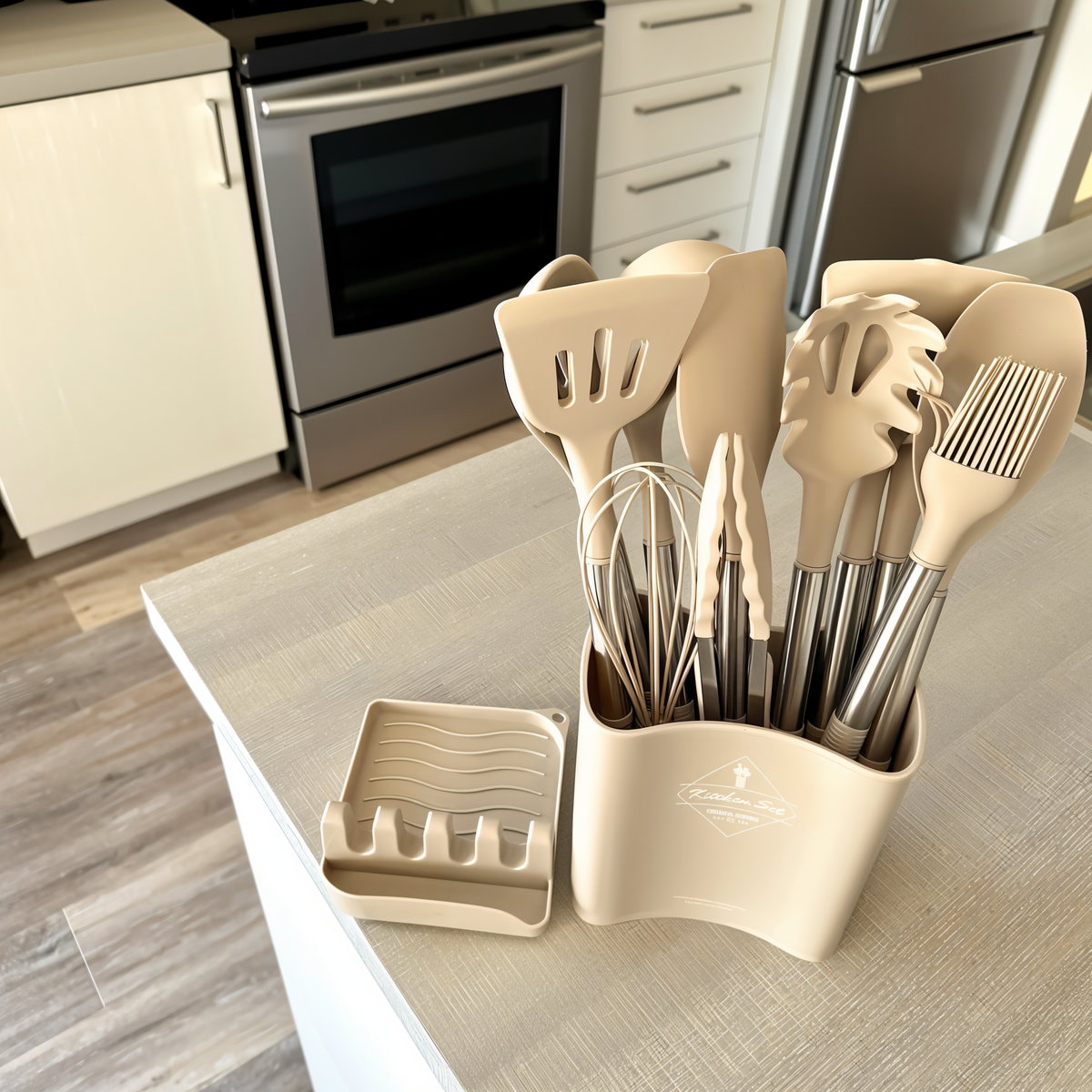 Cooking Utensil Set 12-Piece Silicone Steel Handles Heat Resistant Non-Stick Safe Tools with Holder Spatula Whisk Tongs Ladle for Home Kitch
