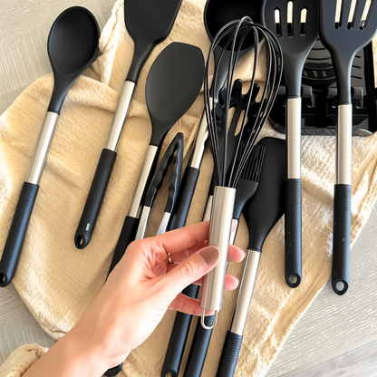 Cooking Utensil Set 12-Piece Silicone Steel Handles Heat Resistant Non-Stick Safe Tools with Holder Spatula Whisk Tongs Ladle for Home Kitch