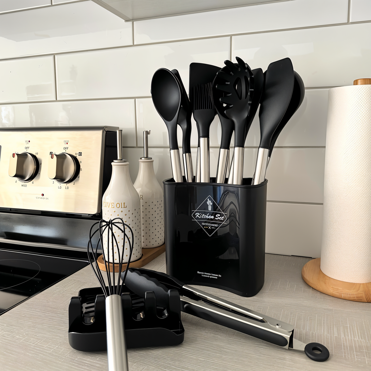 Cooking Utensil Set 12-Piece Silicone Steel Handles Heat Resistant Non-Stick Safe Tools with Holder Spatula Whisk Tongs Ladle for Home Kitch