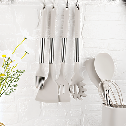 Cooking Utensil Set 12-Piece Silicone Steel Handles Heat Resistant Non-Stick Safe Tools with Holder Spatula Whisk Tongs Ladle for Home Kitch