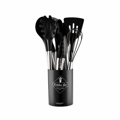Cooking Utensil Set 12-Piece Silicone Steel Handles Heat Resistant Non-Stick Safe Tools with Holder Spatula Whisk Tongs Ladle for Home Kitch