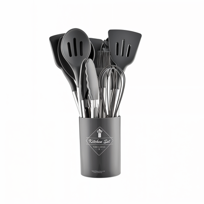 Cooking Utensil Set 12-Piece Silicone Steel Handles Heat Resistant Non-Stick Safe Tools with Holder Spatula Whisk Tongs Ladle for Home Kitch