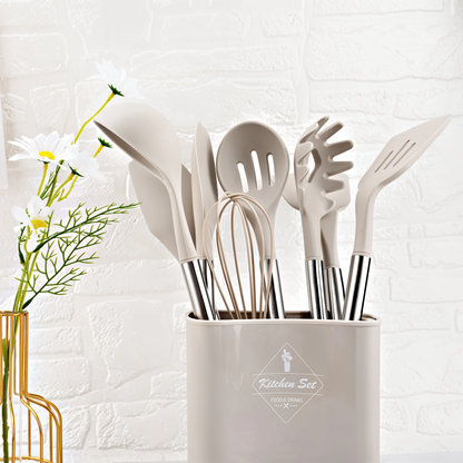 Cooking Utensil Set 12-Piece Silicone Steel Handles Heat Resistant Non-Stick Safe Tools with Holder Spatula Whisk Tongs Ladle for Home Kitch