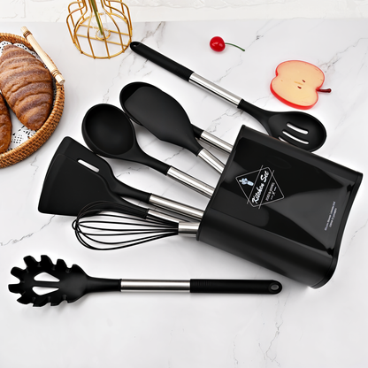 Cooking Utensil Set 12-Piece Silicone Steel Handles Heat Resistant Non-Stick Safe Tools with Holder Spatula Whisk Tongs Ladle for Home Kitch