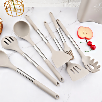Cooking Utensil Set 12-Piece Silicone Steel Handles Heat Resistant Non-Stick Safe Tools with Holder Spatula Whisk Tongs Ladle for Home Kitch