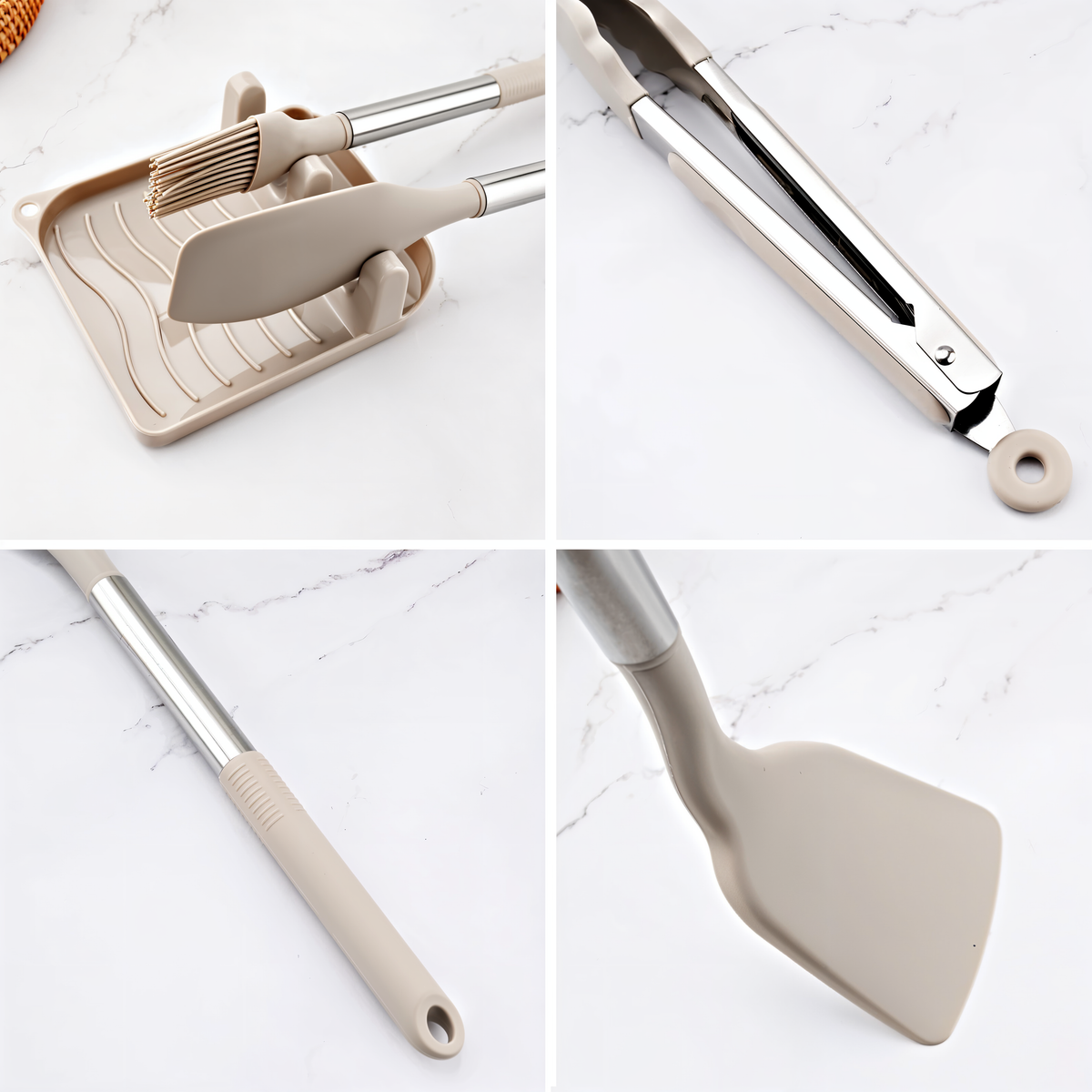 Cooking Utensil Set 12-Piece Silicone Steel Handles Heat Resistant Non-Stick Safe Tools with Holder Spatula Whisk Tongs Ladle for Home Kitch