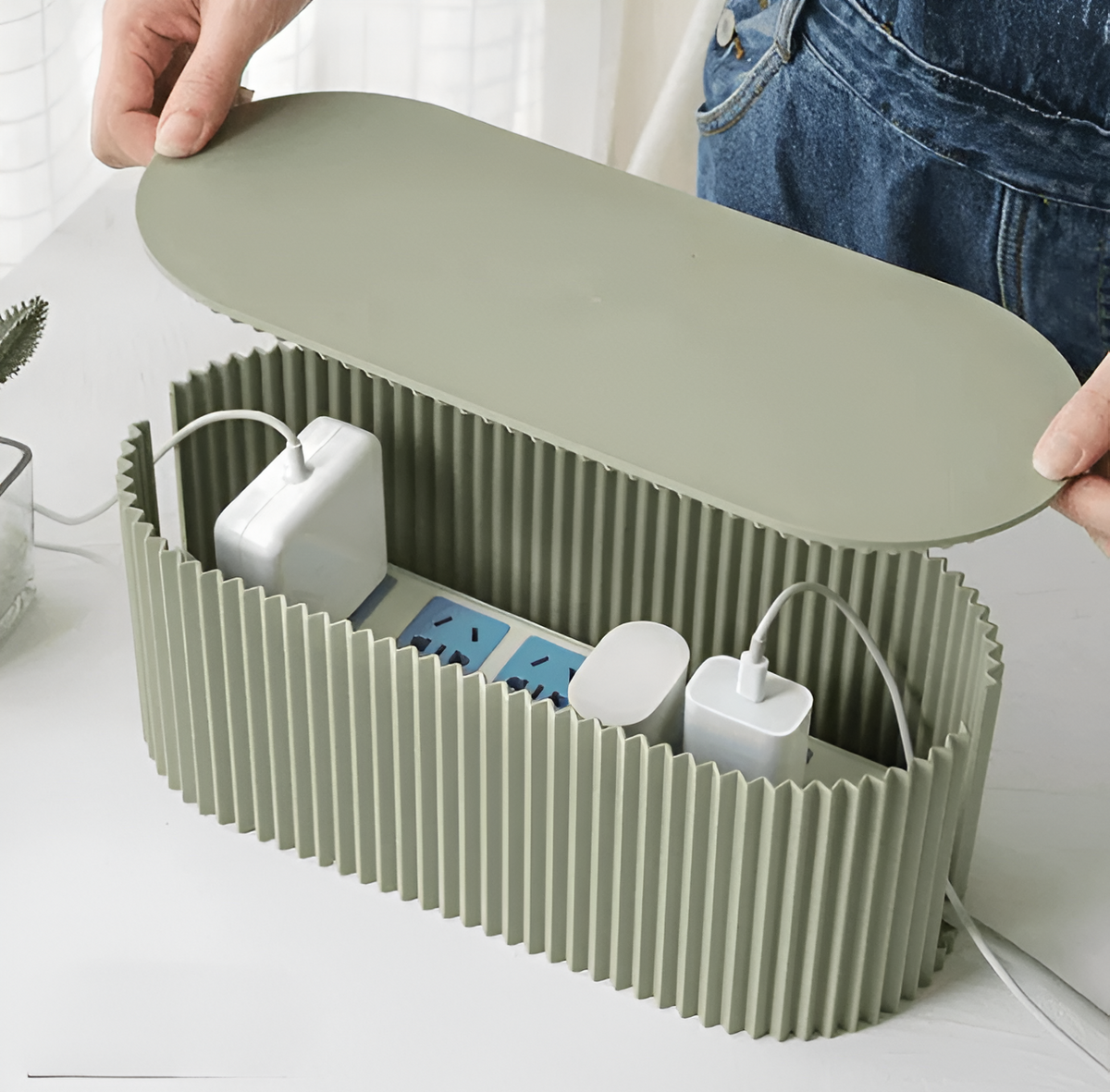 Cable Management Box for Desk Organization | Cord Storage Organizer for Home Office & Living Room | Smartphone Charging Station with Flat