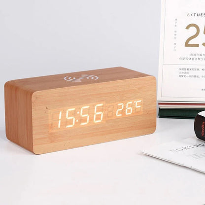 Wooden Bedside Charging Clock with LED Display – Qi Wireless Phone Charger Station with Time Date Temperature – Voice Activated Nightstand