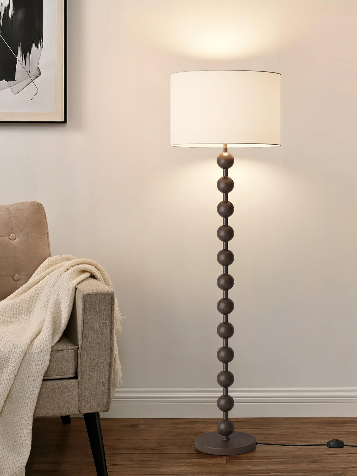 Tall Standing Lamp with White Shade 63 Inches Natural Wood Base Dimmable Accent Light for Bedroom Living Room Corner Reading Nook Modern Dec