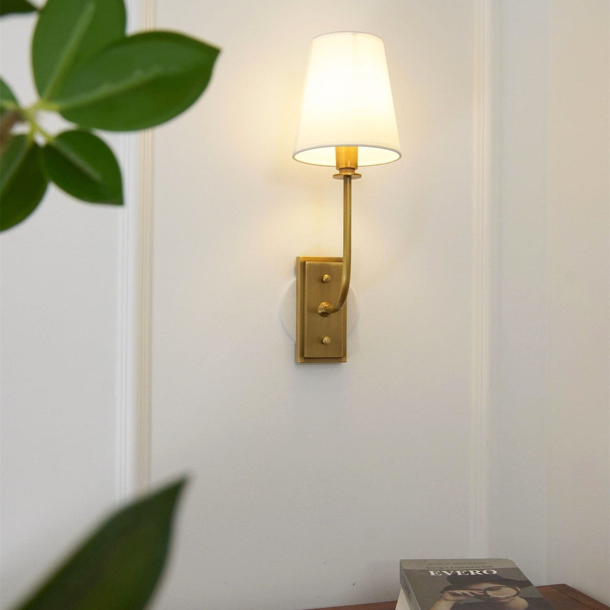 Fabric Shade Sconce Light with Brass Arm for Bedroom Reading & Hallway Accent | E12 Socket, Warm Ambient Glow, Space-Saving Install