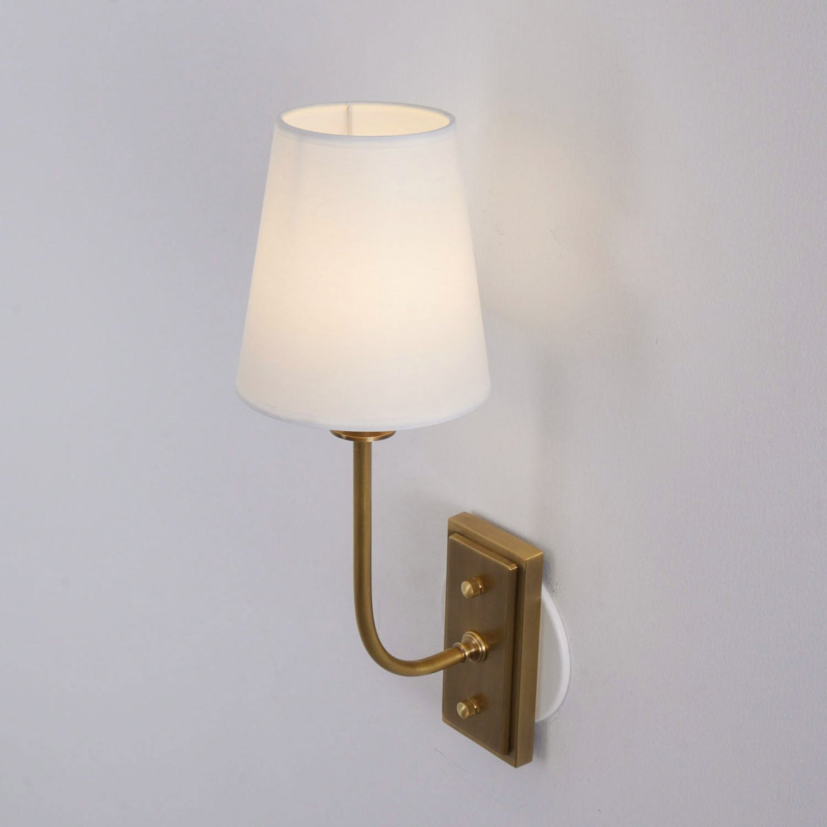 Fabric Shade Sconce Light with Brass Arm for Bedroom Reading & Hallway Accent | E12 Socket, Warm Ambient Glow, Space-Saving Install