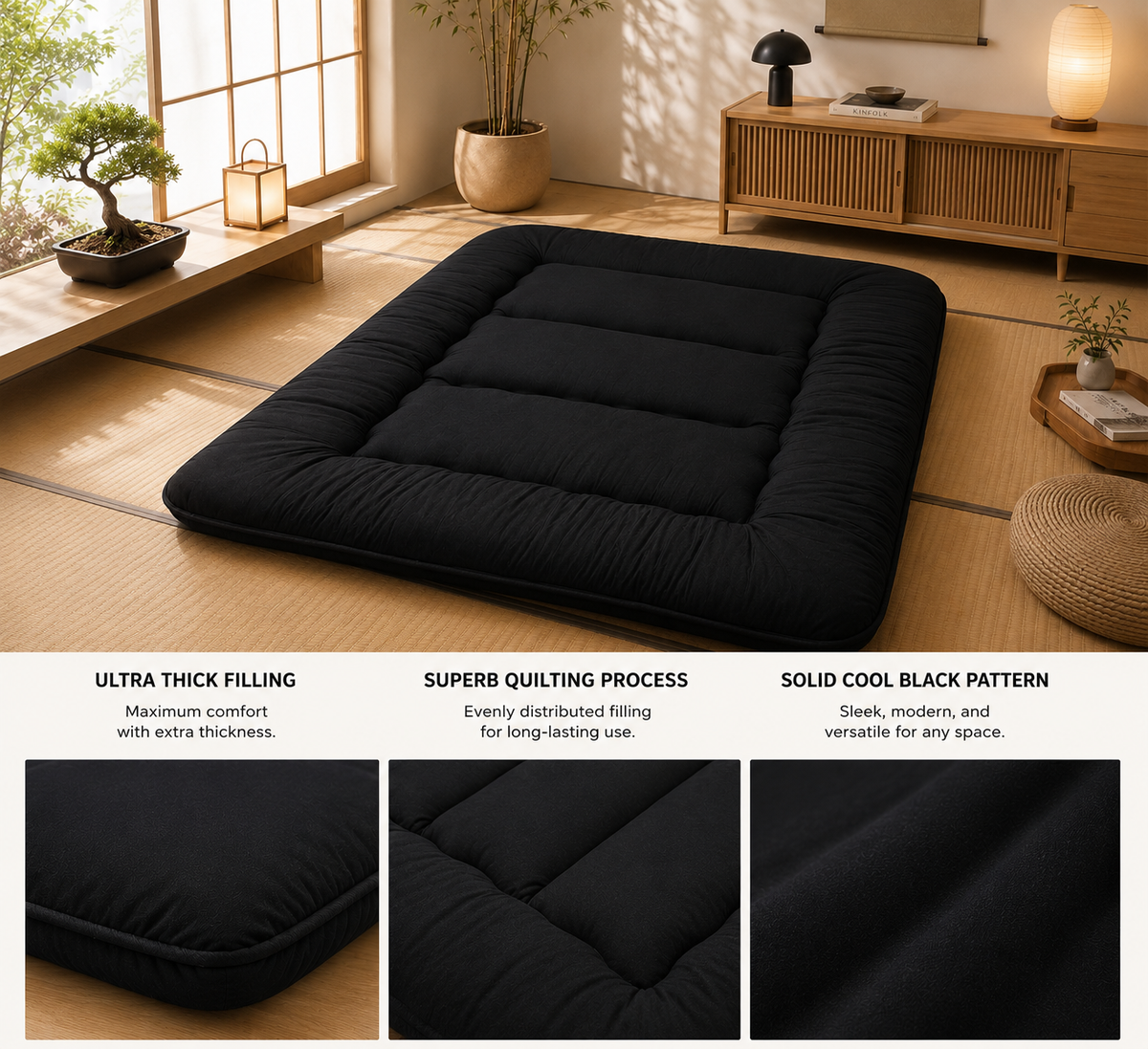 Japanese Floor Bed, 4 Inch Thick Futon Mattress, Foldable Tatami Sleeping Pad, Roll Up Floor Bed for Adults & Kids