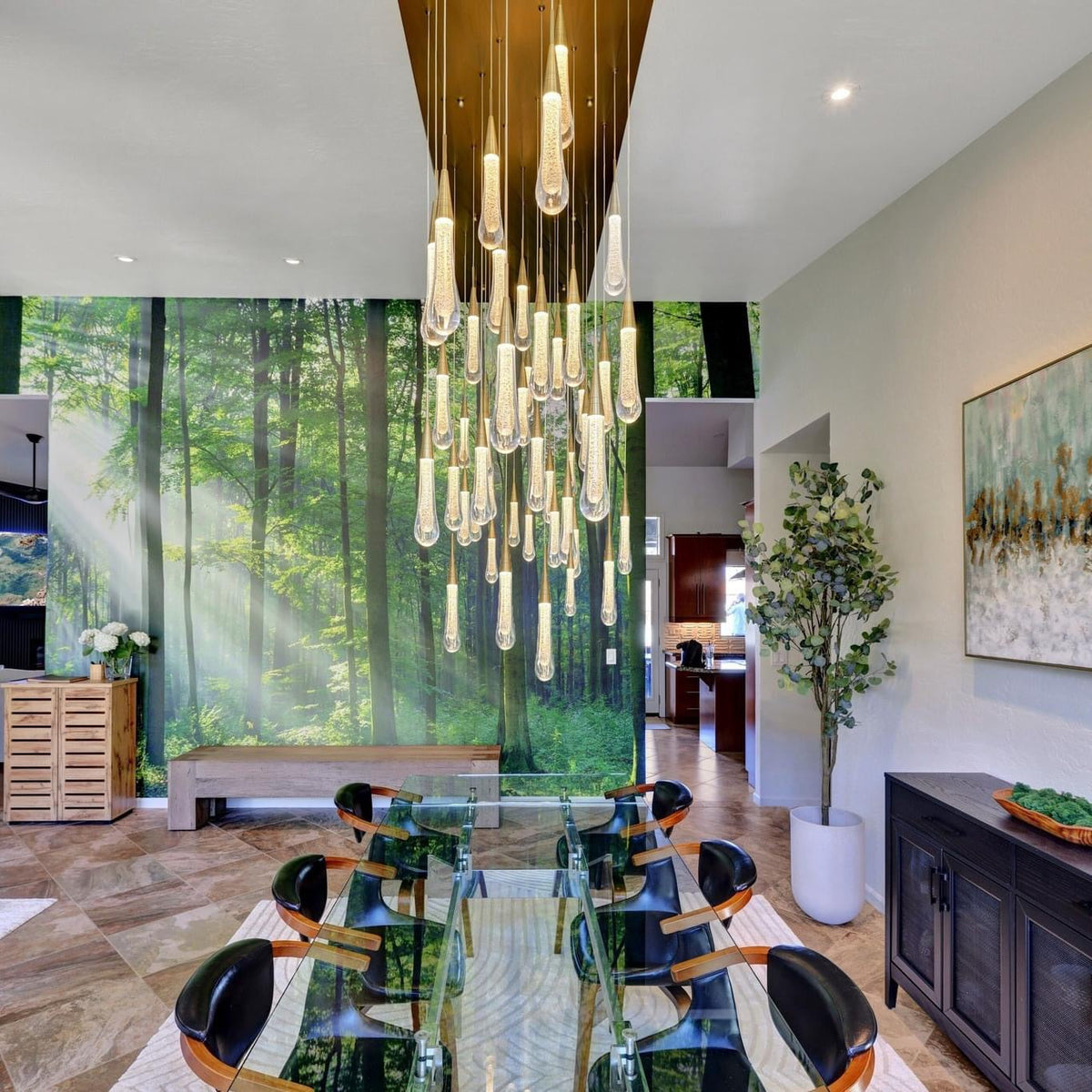 Cascading Raindrop Linear LED Chandelier – Textured Glass Orbs, Adjustable Height, Vaulted Ceiling Ready – 37 to 120 Inch Options for