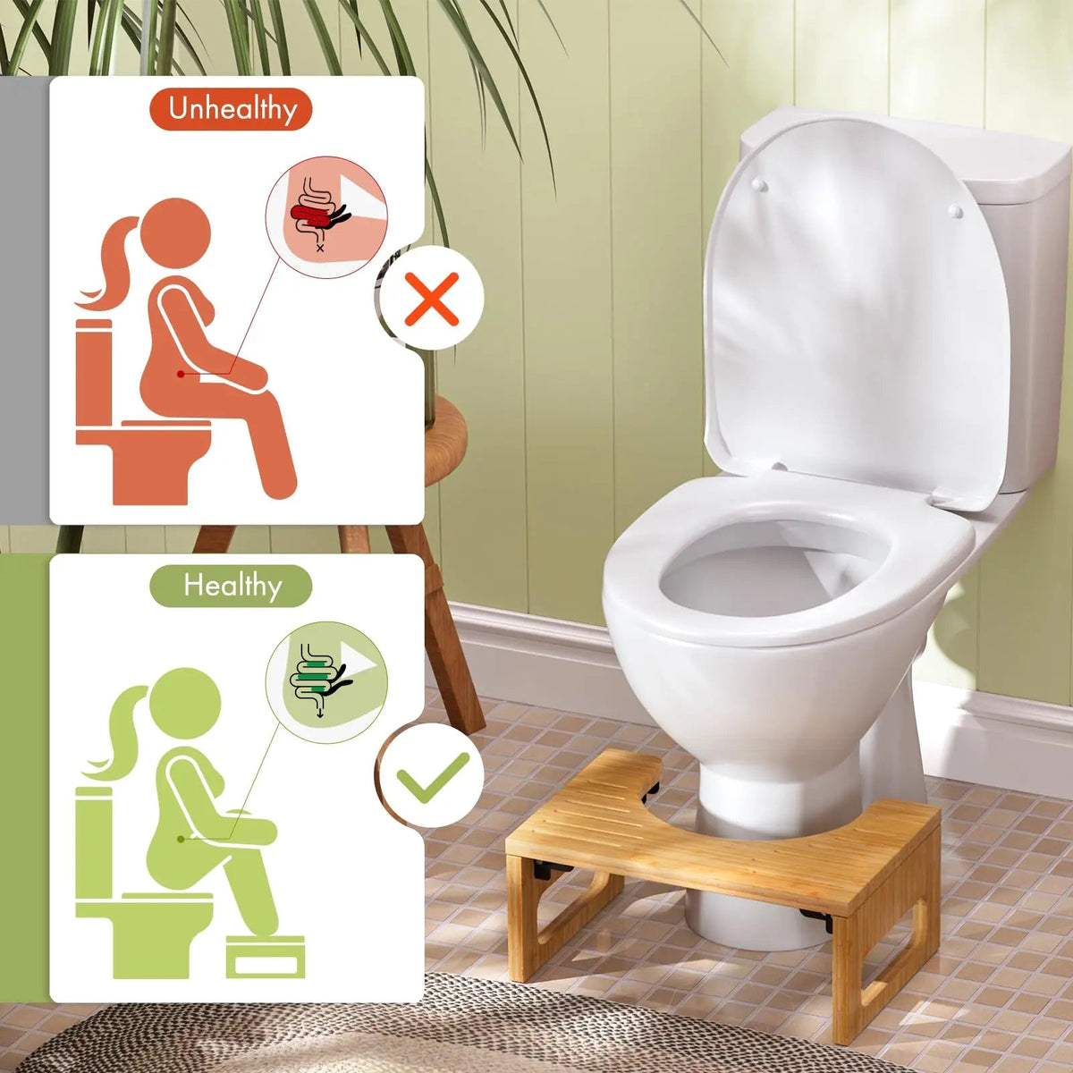Collapsible Bathroom Footstool with Non-Slip Base – Space-Saving Bamboo Step Riser for Optimal Posture & Comfort