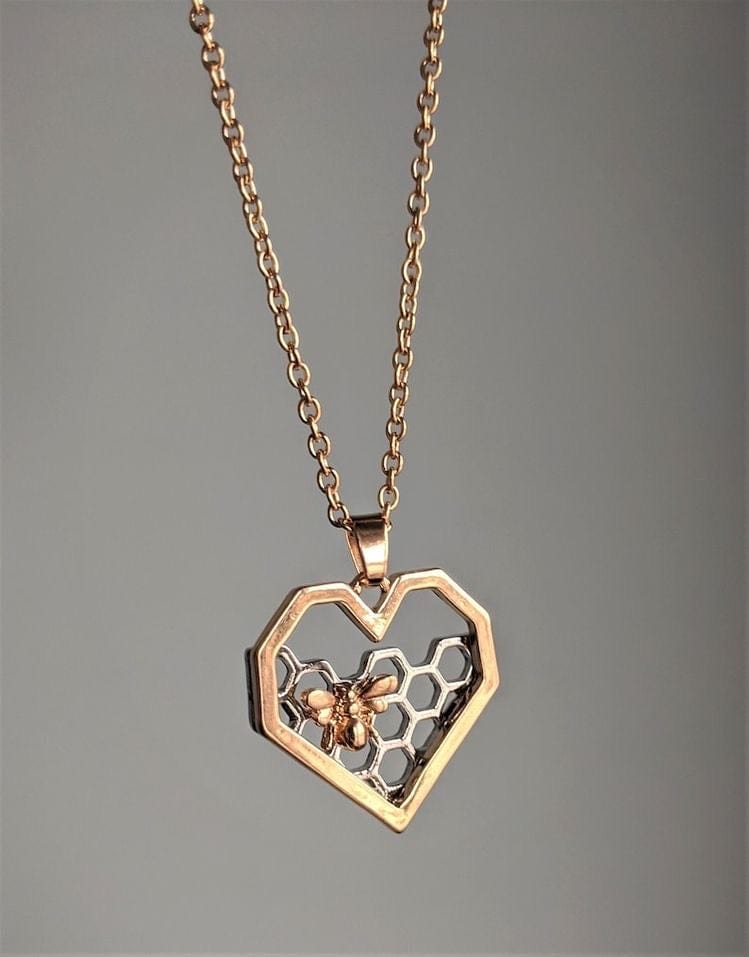Heart Pendant Necklace with Bee & Honeycomb Design – Gold-Tone Chain Jewelry for Women & Girls
