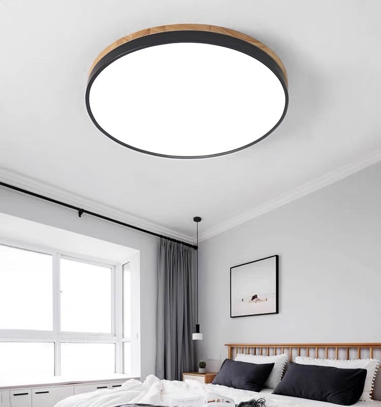 Round Wood Flush Mount LED Ceiling Light 3-Color Dimmable Scandinavian Style for Living Room Bedroom Kitchen