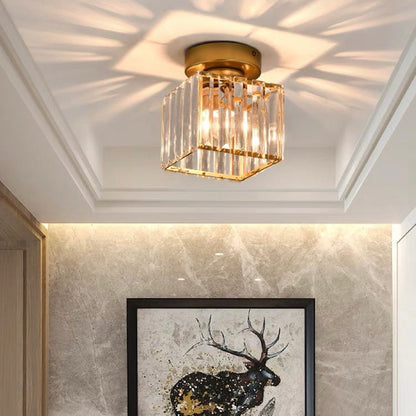 Decorative Flush Mount Light Fixture with Glass Cube and Metal Accents E27 Socket for Entryway Bedroom Small Room Ambient Overhead Lighting