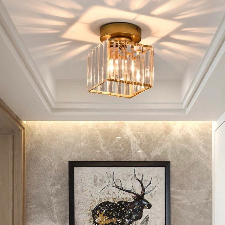 Square Brass Ceiling Light with Crystal Glass Cover – Modern Flush Mount Fixture for Bedroom, Hallway, Living Room & Home Office – E27