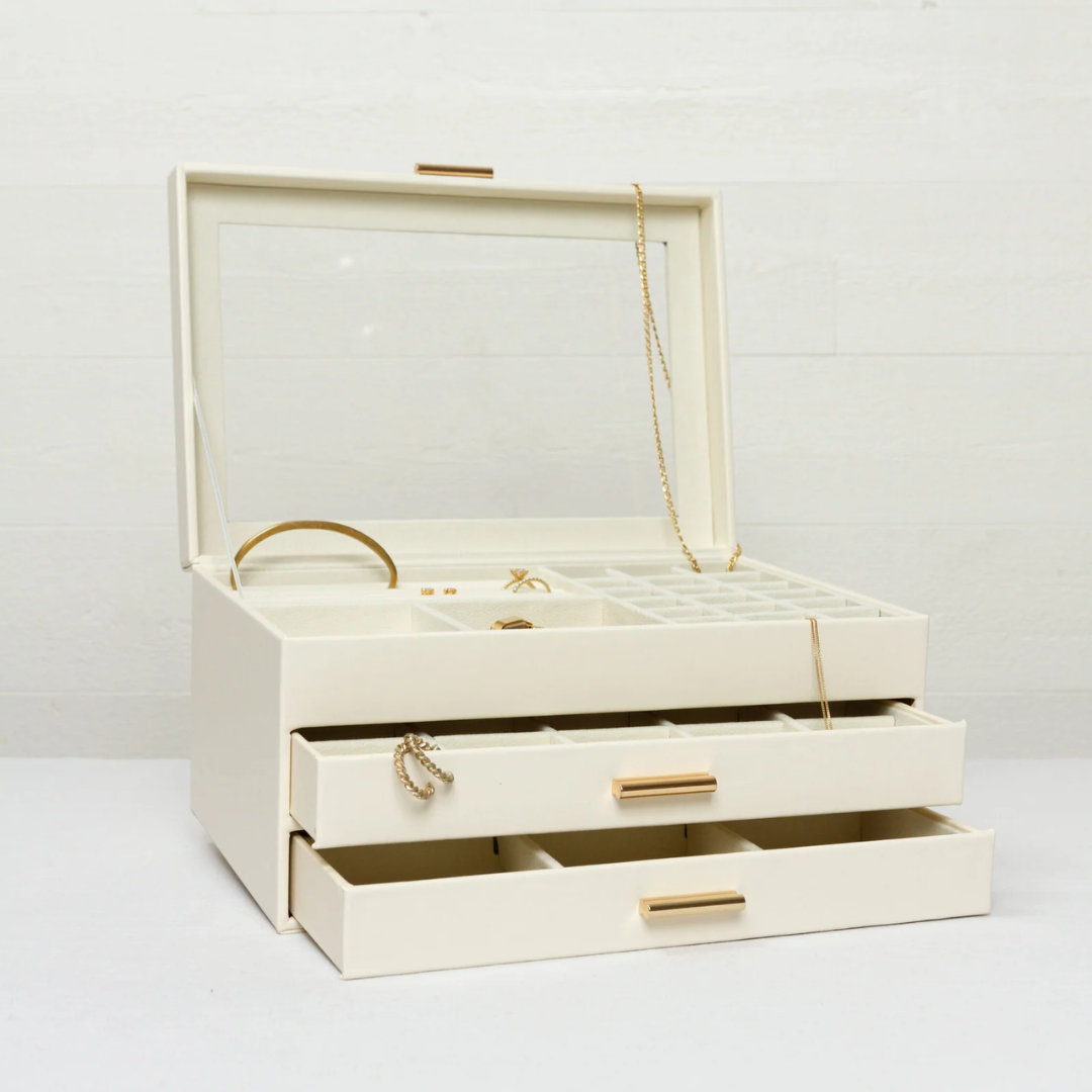Multi-Tier Jewelry Organizer Box with Magnetic Glass Lid & Drawers for Rings, Necklaces, Earrings & Watches