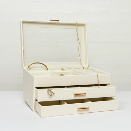 Multi-Tier Jewelry Organizer Box with Magnetic Glass Lid & Drawers for Rings, Necklaces, Earrings & Watches