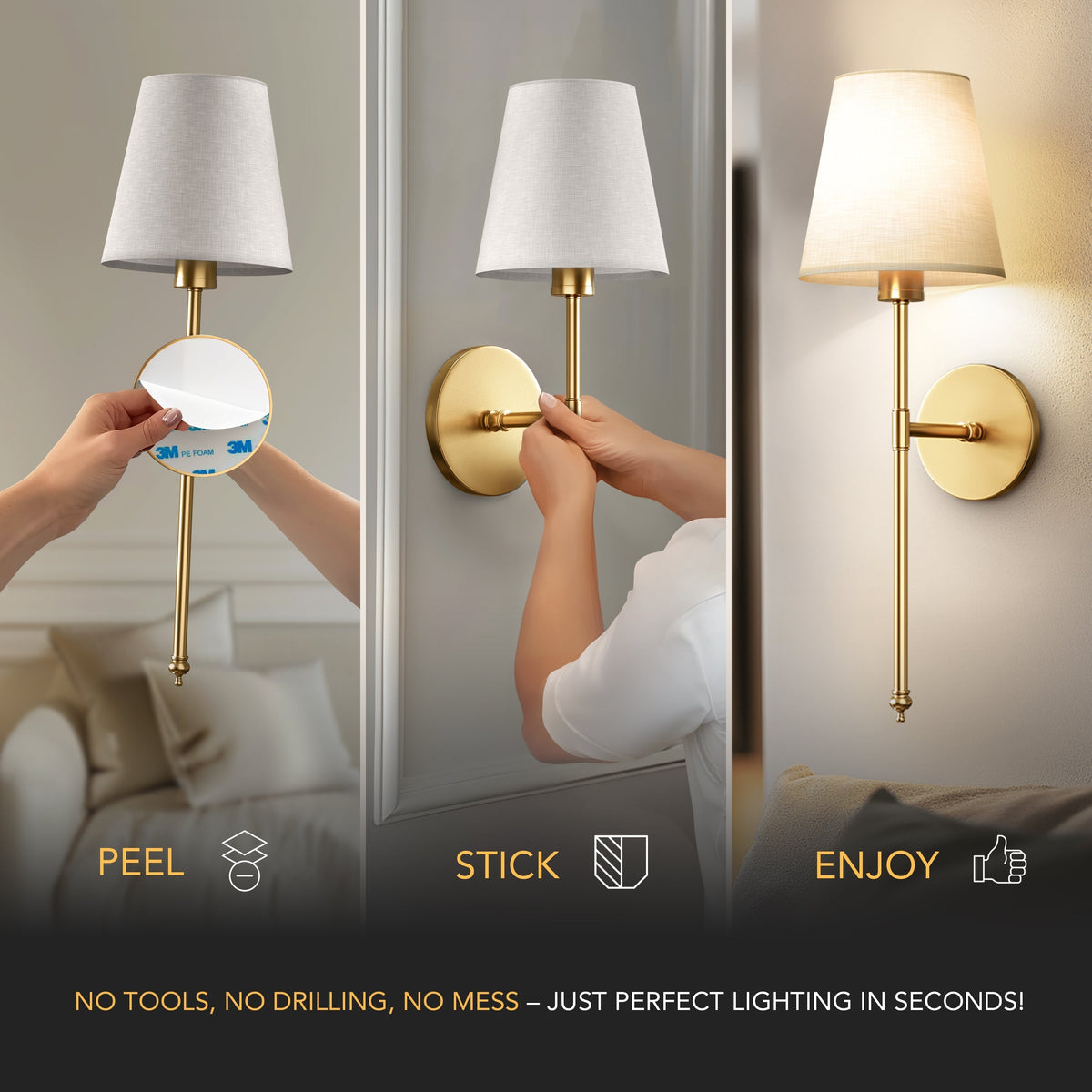 Remote Control Wall Sconce Set of 2 Gold 20 Inch Wireless Reading Light for Bedroom Living Room Adjustable Brightness Battery Operated Fabri