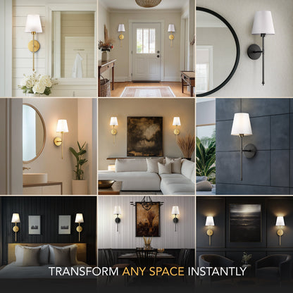 Remote Control Wall Sconce Set of 2 Gold 20 Inch Wireless Reading Light for Bedroom Living Room Adjustable Brightness Battery Operated Fabri
