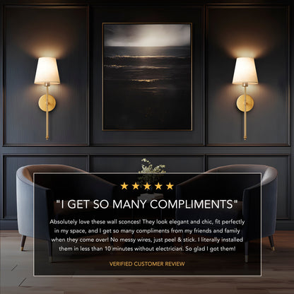 Remote Control Wall Sconce Set of 2 Gold 20 Inch Wireless Reading Light for Bedroom Living Room Adjustable Brightness Battery Operated Fabri