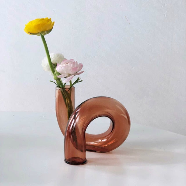 Curved Tabletop Bud Vase 5.1 inches Heat-Resistant Glass Small Centerpiece for Fresh Flowers & Cuttings Gray Blue Pink Black
