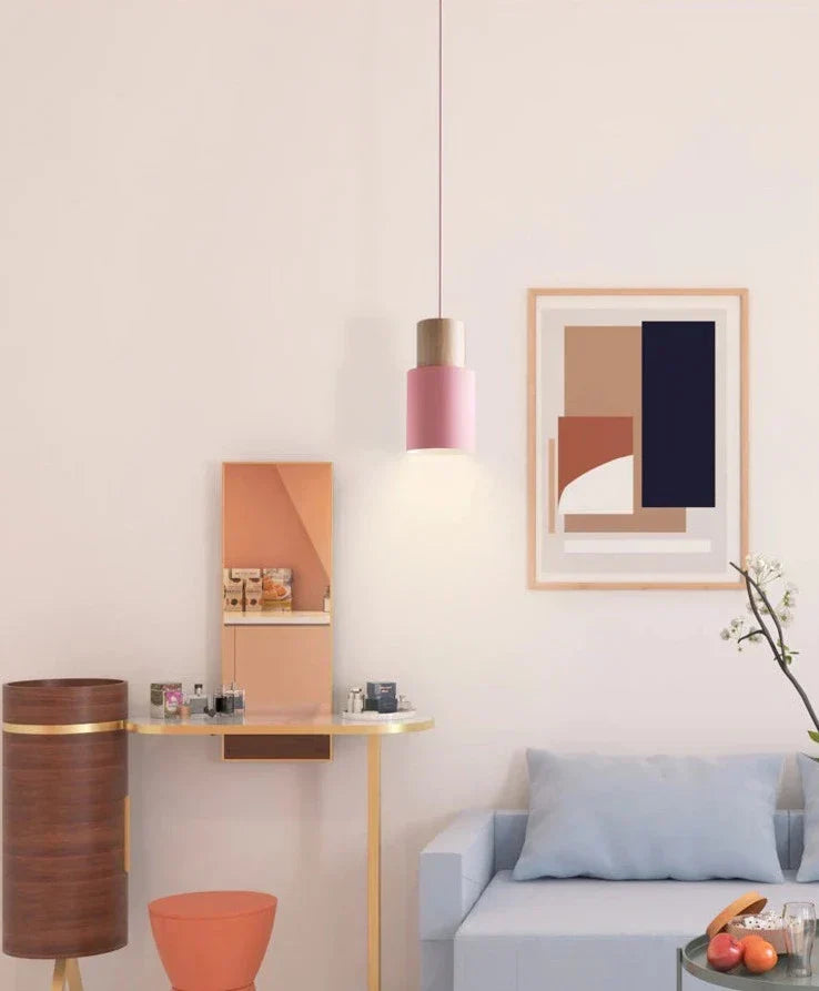 Mini Cylinder Drop Ceiling Light E27 Socket Wood & Iron Shade Adjustable Cord for Kitchen Island Dining Table Bedroom Scandinavian Style Han