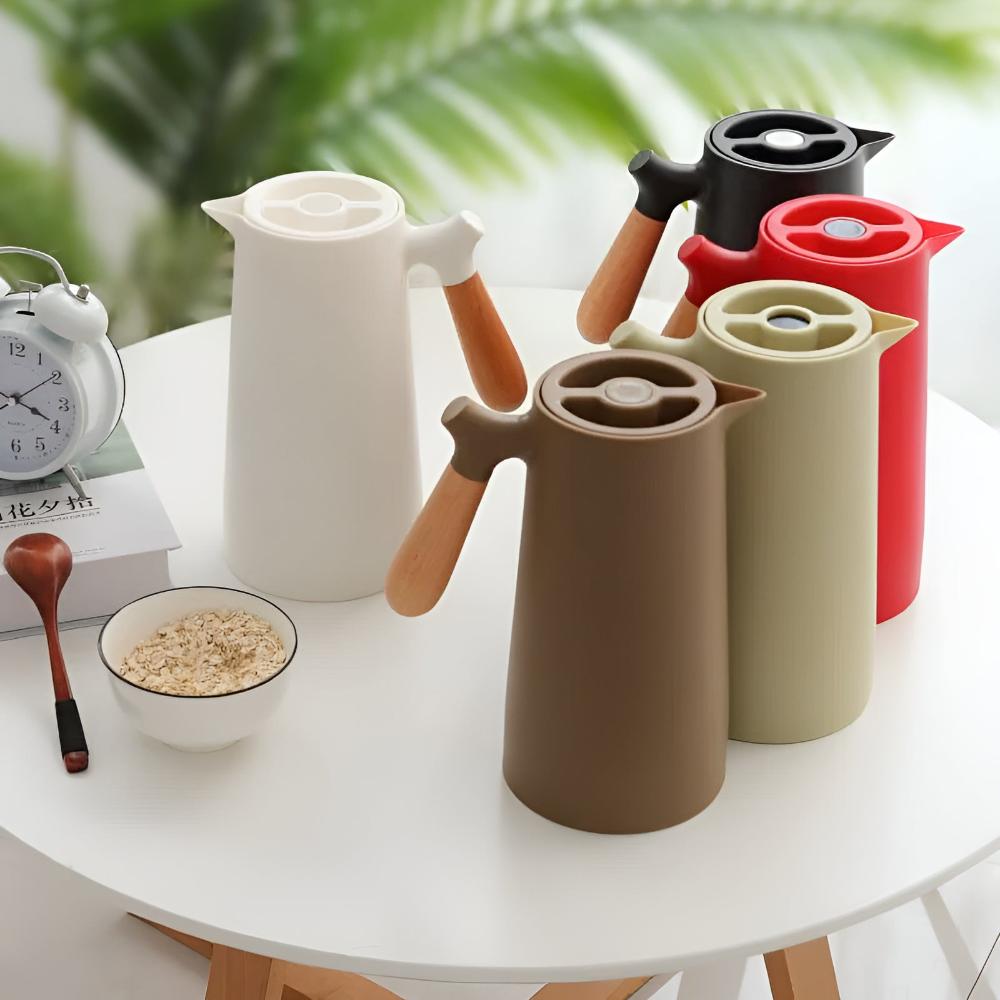 Insulated Thermal Carafe | Double Wall Beverage Server with Wood Handle | 1L Capacity for Hot and Cold Drinks