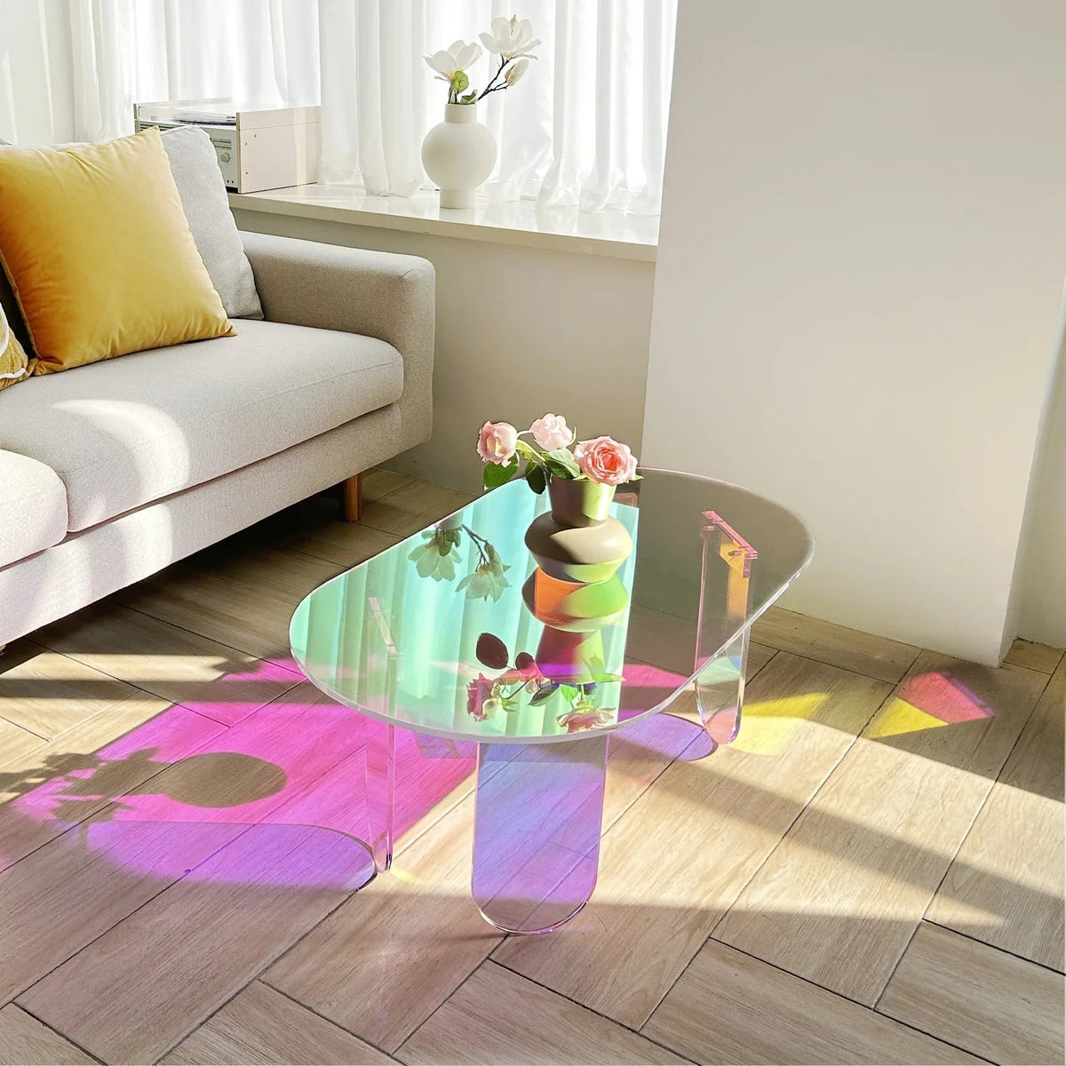 Iridescent Acrylic Side Table – Colorful Light Show for Modern Interiors