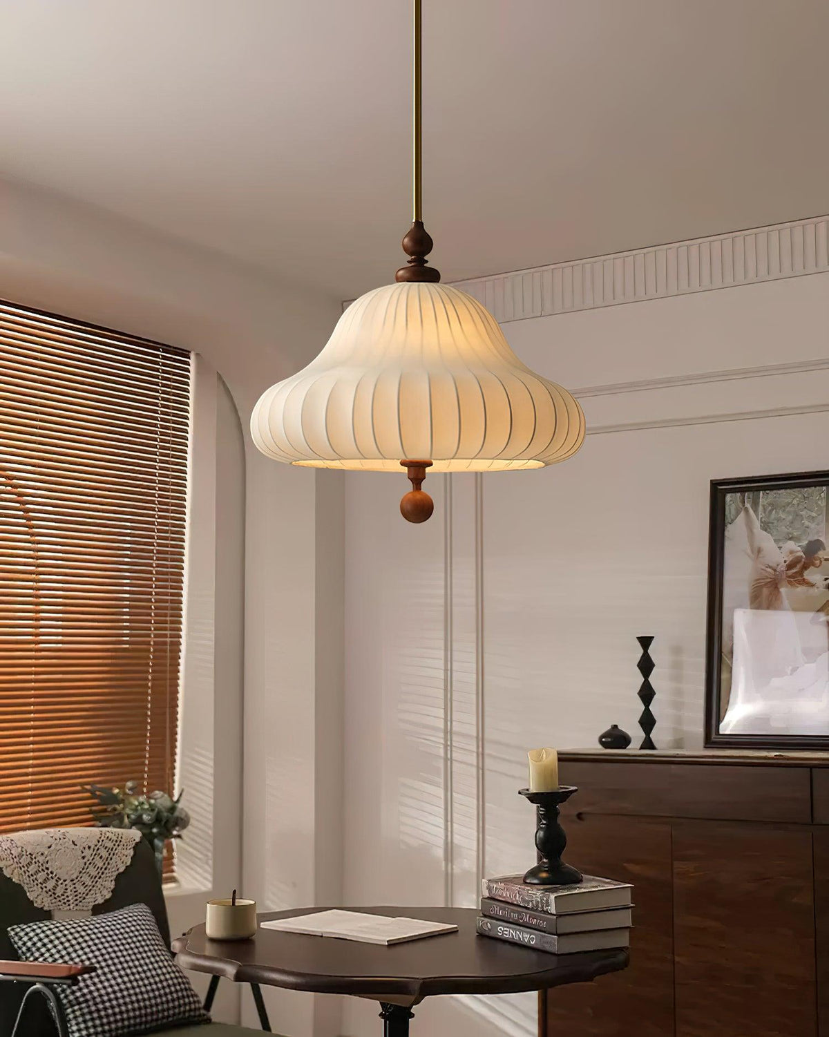 Adjustable Hanging Lamp with Layered Petal Shade Wood Metal Mixed Material 20 Inch Diameter for Dining Living Bedroom