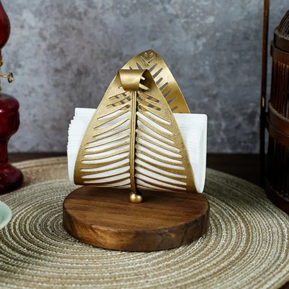 Ivy Tissue Box Holder - Iron Leaf Design, Wooden Base