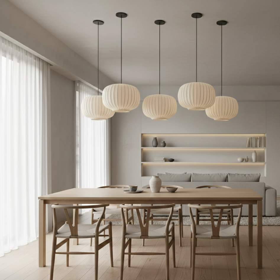 Japandi Silk Hanging Lamp – Elegant Staircase Pendant Light for Modern Kitchen and Home Decor