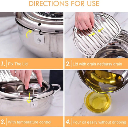 Stainless Steel Tempura Pot with Built-In Thermometer & Oil Strainer Lid 9.4 Inch Silver for Japanese Frying Chicken Karaage Tonkatsu Home K
