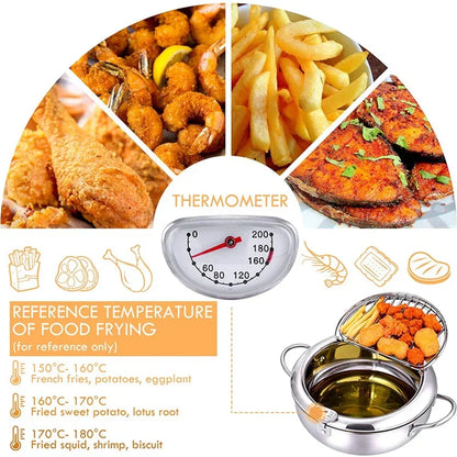 Stainless Steel Tempura Pot with Built-In Thermometer & Oil Strainer Lid 9.4 Inch Silver for Japanese Frying Chicken Karaage Tonkatsu Home K