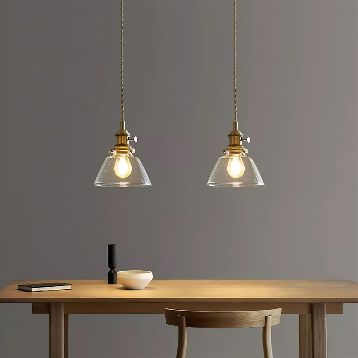 Clear Glass Drop Light Fixture with Brass Hardware 6-Inch Shade Adjustable Height Ceiling Lamp for Over Counter Islands Breakfast Nooks Dini