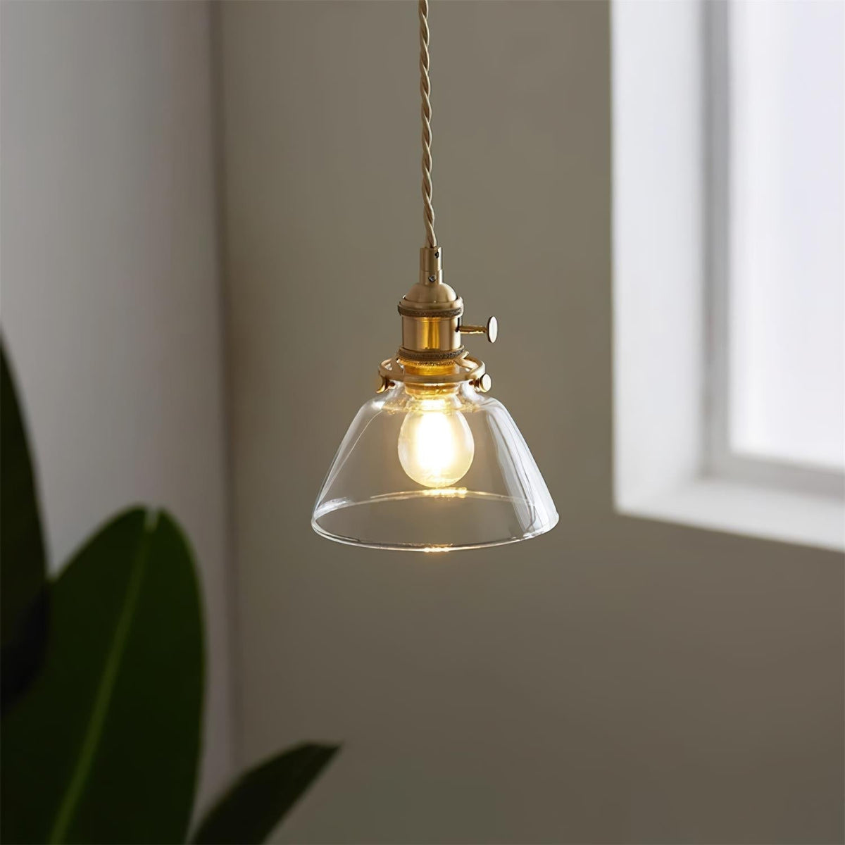Clear Glass Drop Light Fixture with Brass Hardware 6-Inch Shade Adjustable Height Ceiling Lamp for Over Counter Islands Breakfast Nooks Dini