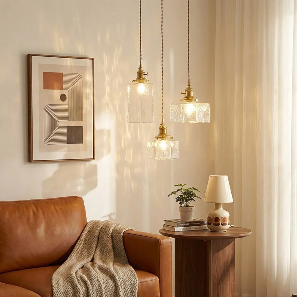 Glass Pendant Light with Brass Accents Adjustable Hanging Fixture for Kitchen Island Dining Room Modern Overhead Lighting E26 Socket