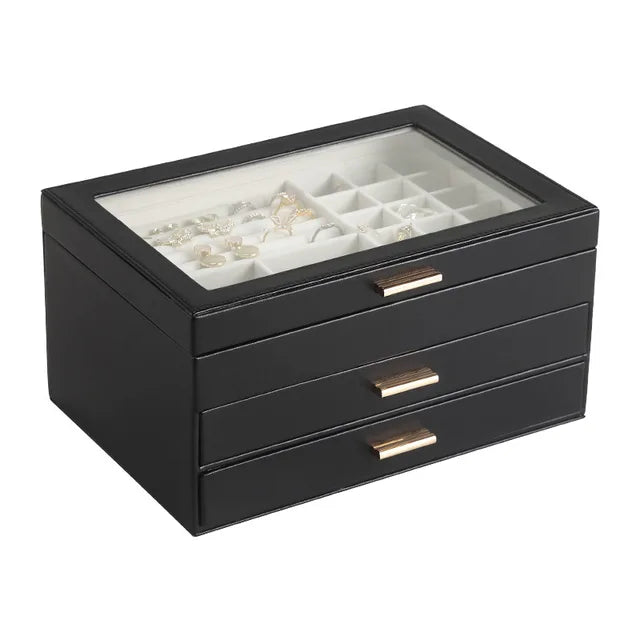 Multi-Tier Jewelry Organizer Box with Magnetic Glass Lid & Drawers for Rings, Necklaces, Earrings & Watches
