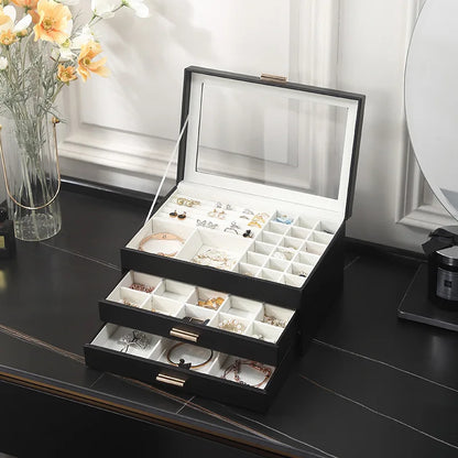Multi-Tier Jewelry Organizer Box with Magnetic Glass Lid & Drawers for Rings, Necklaces, Earrings & Watches