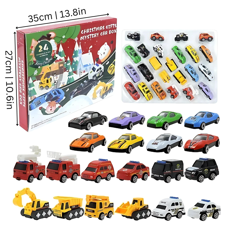 Holiday Countdown Calendar 24 Mini Vehicles Daily Reveal December Surprise Box Kids 10 in Multi-Theme Play Set Christmas Gift Children Toy